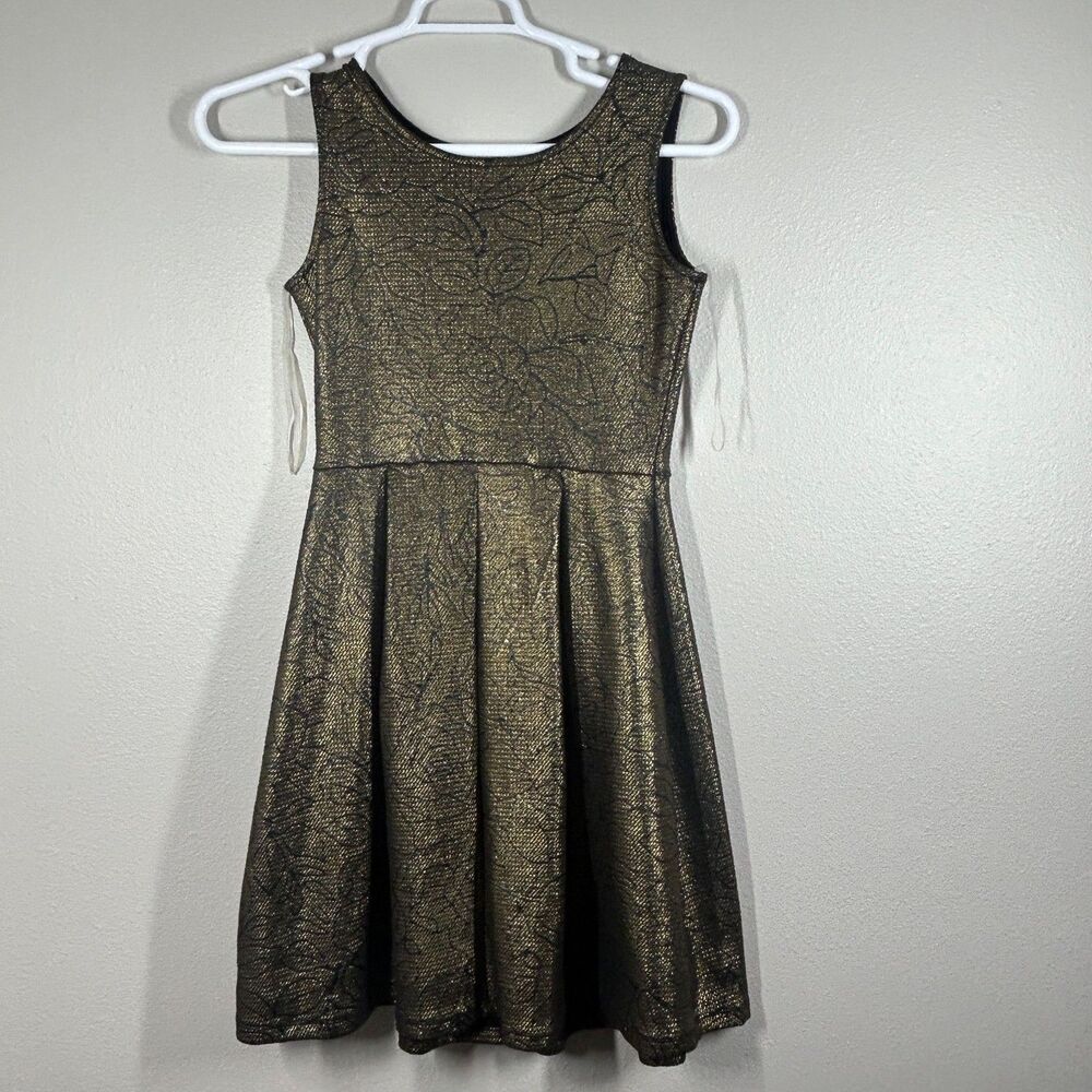 Solgee Dress Womens S Metallic Gold Black Floral Fit and Flare Skater Sleeveless